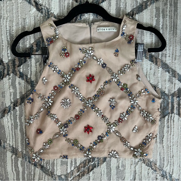 🍉Alice + Olivia Kesten Embellished Cropped Top Beige Red Stones RARE - Picture 6 of 12